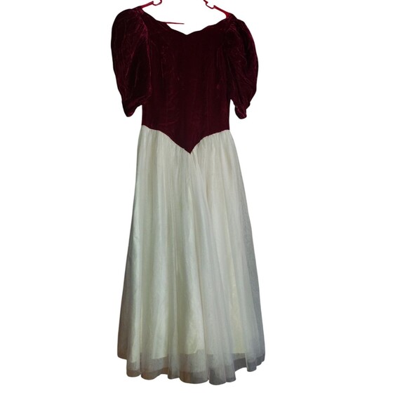 80s Vintage Red Wine Velvet Half Sleeve Victorian Puff Shoulder Party Ball Dress - Picture 2 of 12